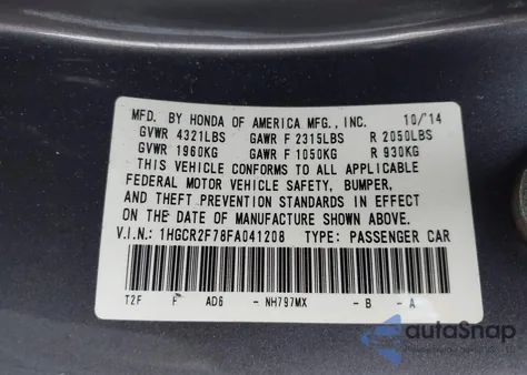 2015 Honda Accord Ex from USA, damaged, VIN 1HGCR2F78FA041208